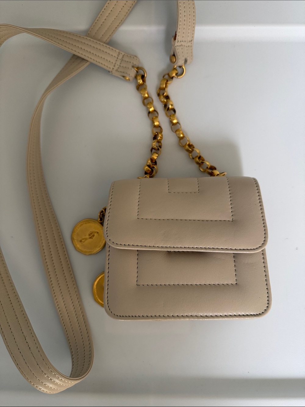 Beige Crossbody Mini Bag with Gold Chain Accent